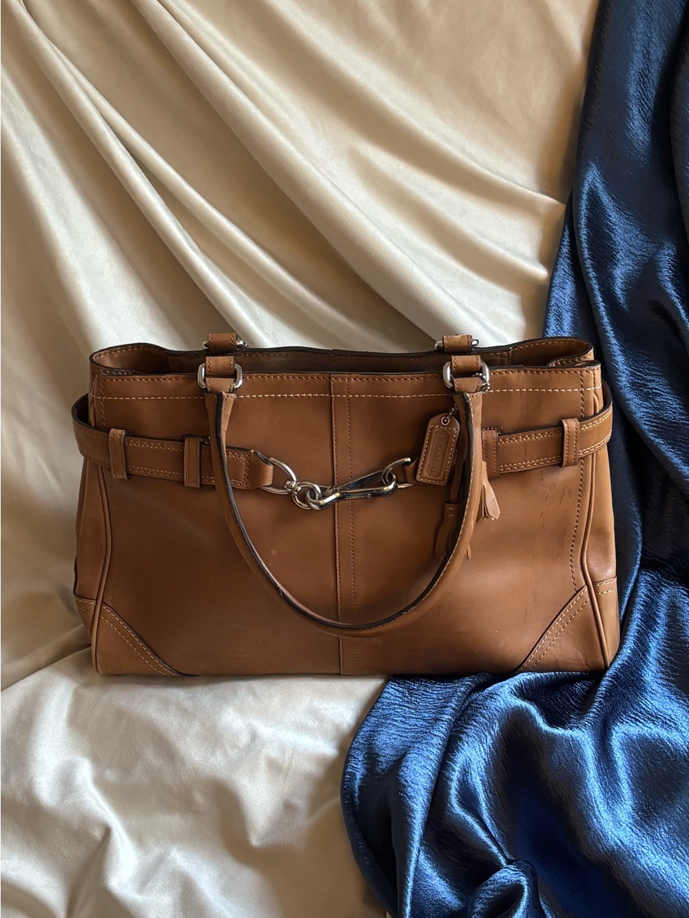 Coach Hampton Tan Leather Satchel with Silver-Tone Horsebit